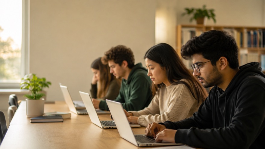 Four students sitting a proctored online exam on laptops at a shared desk